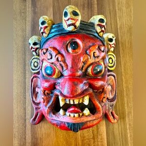 Artisan Nepal Antique Wood Carved Bhairav Wall Hanging- Red